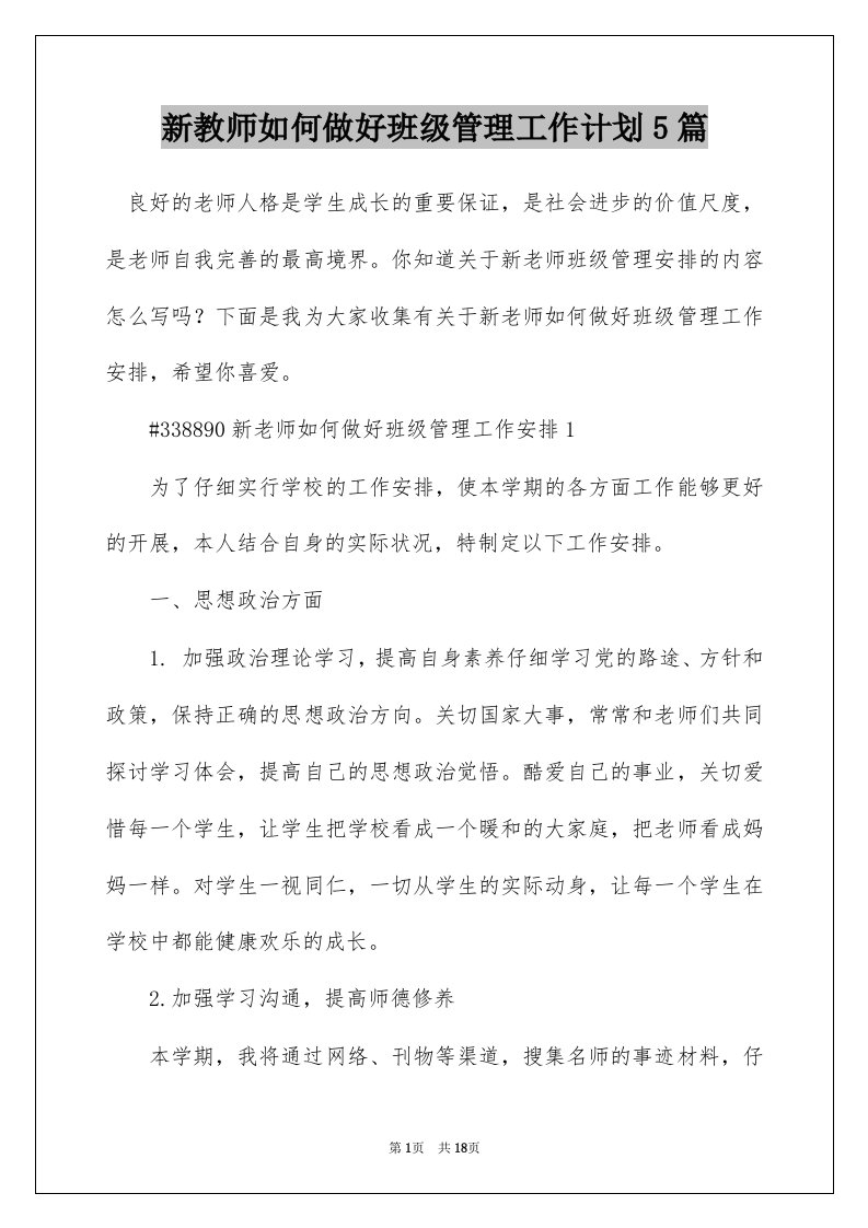 新教师如何做好班级管理工作计划5篇