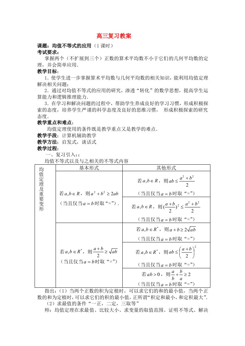 高三数学：复习教案：均值不等式的应用(第一课时)苏教版必修