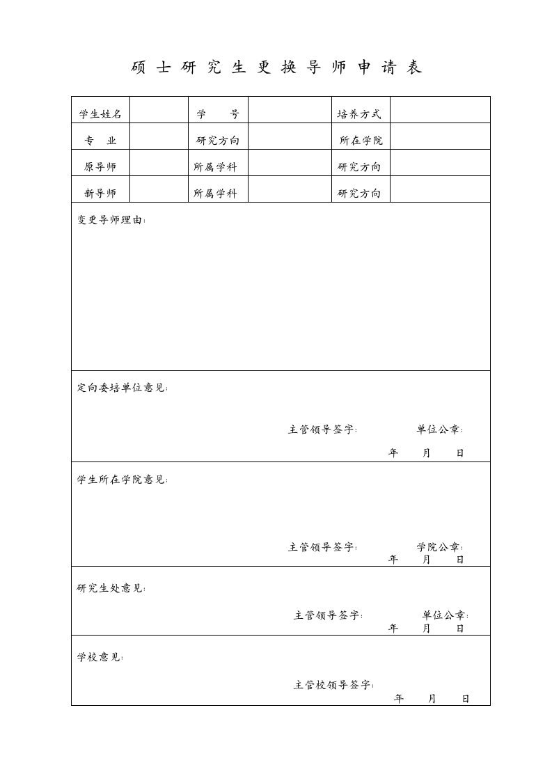 硕士研究生更换导师申请表