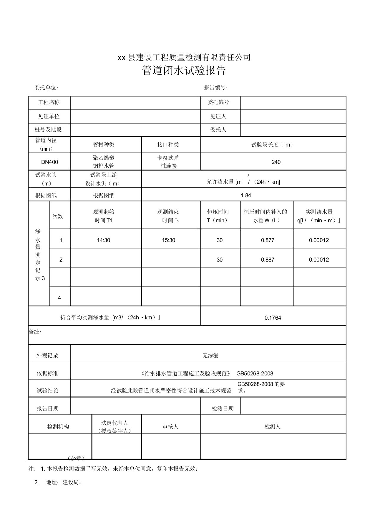 管道闭水试验报告模板