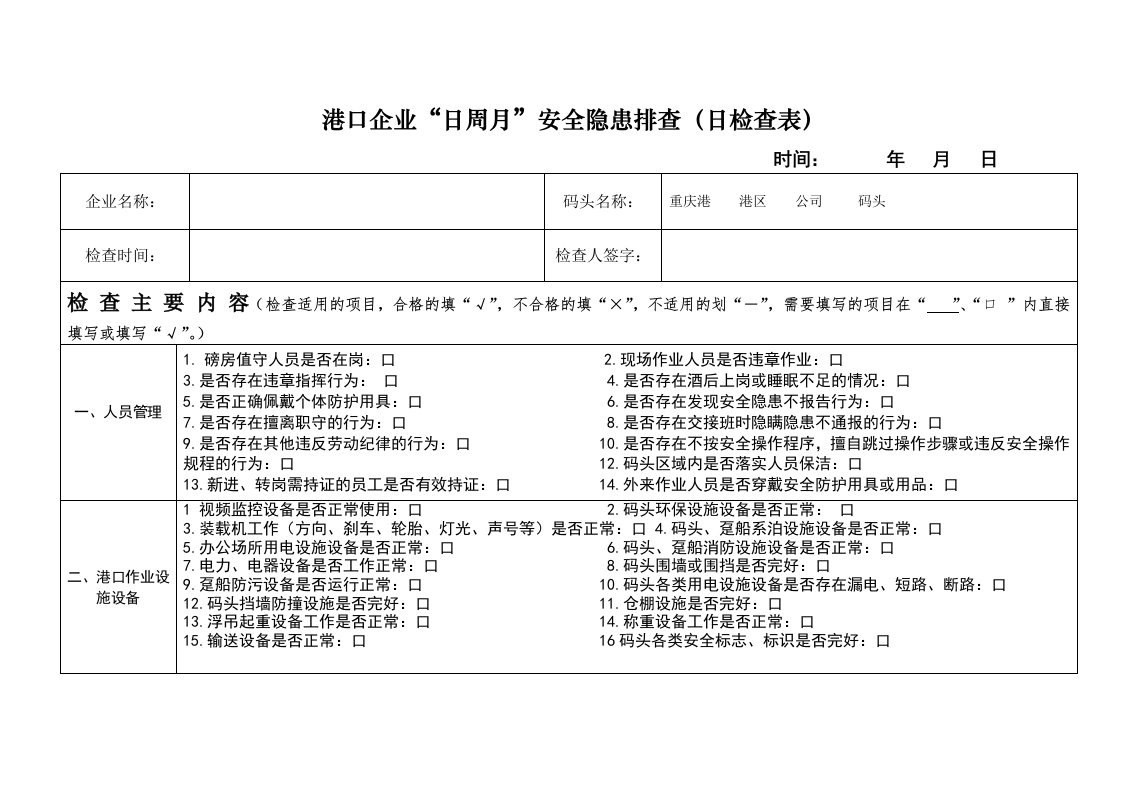 港口企业日周月安全隐患排查日检查表