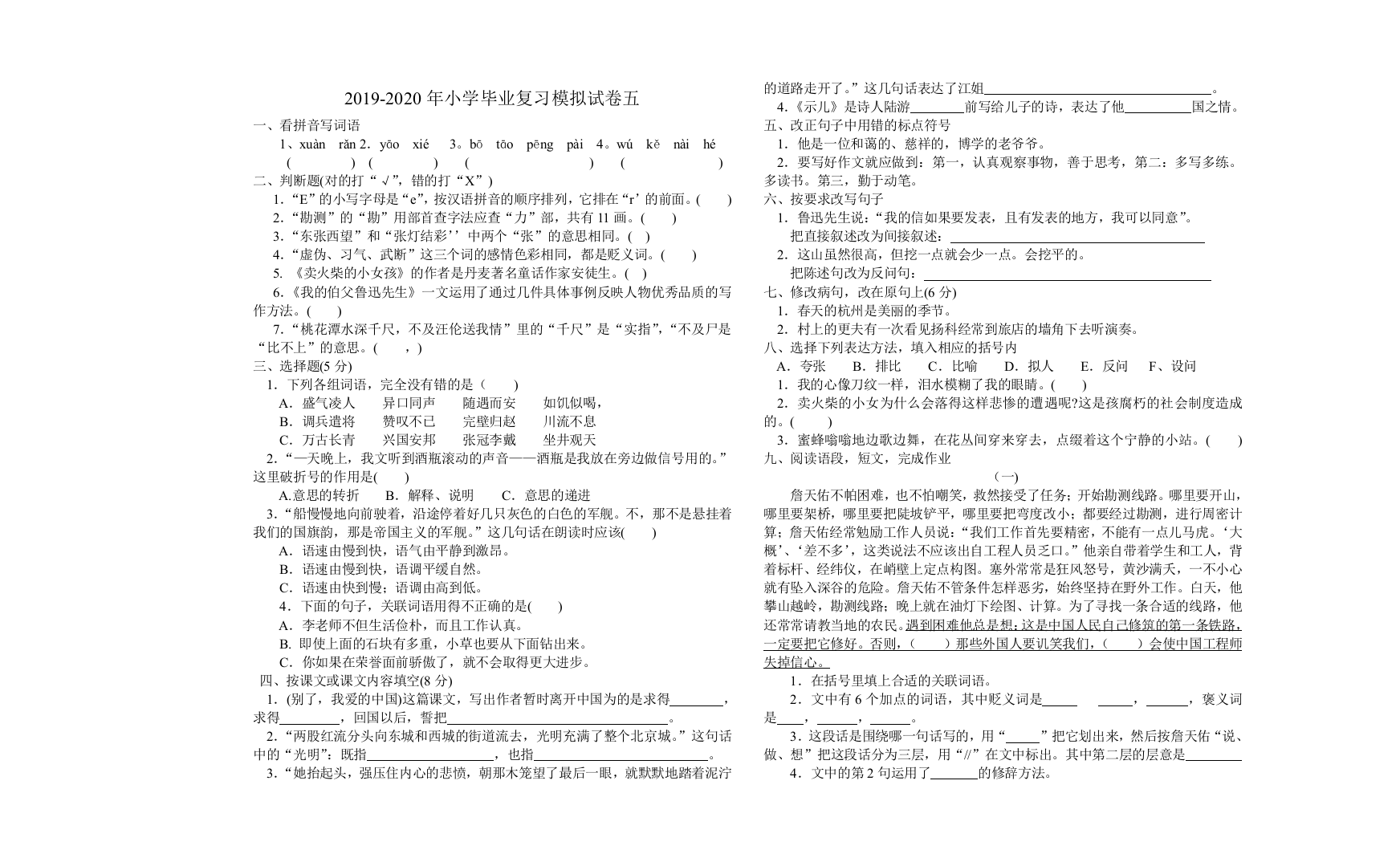 2019-2020年小学毕业复习模拟试卷五