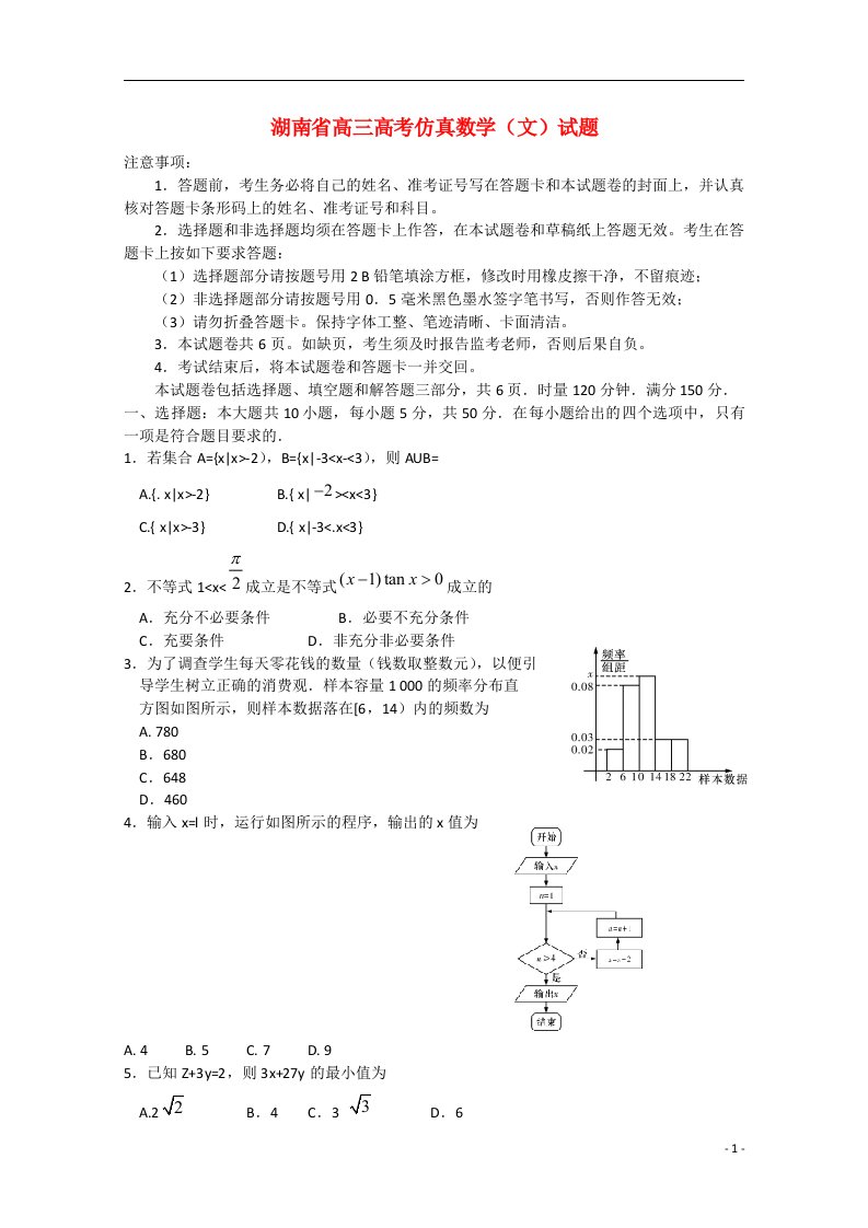 湖南省高考数学仿真模拟考试试题