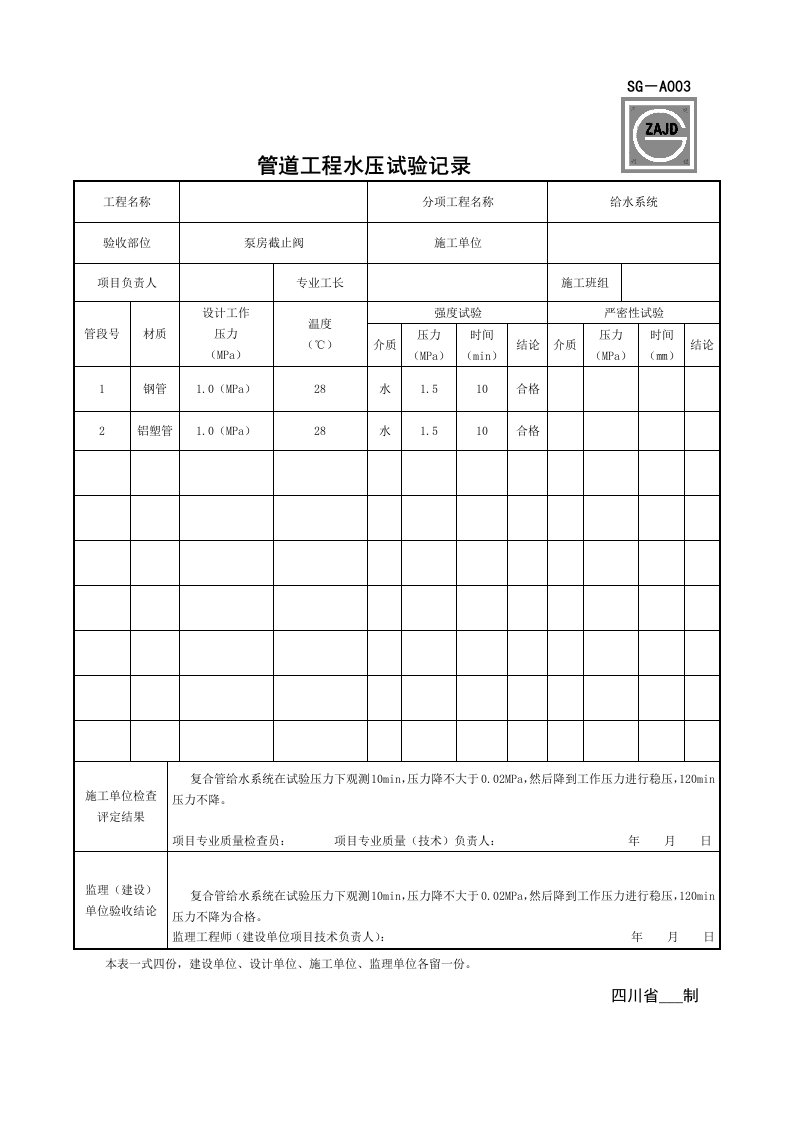 SG-A003管道工程水压试验记录