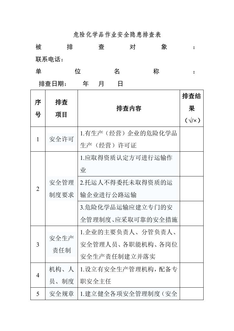 危险化学品作业安全隐患排查表