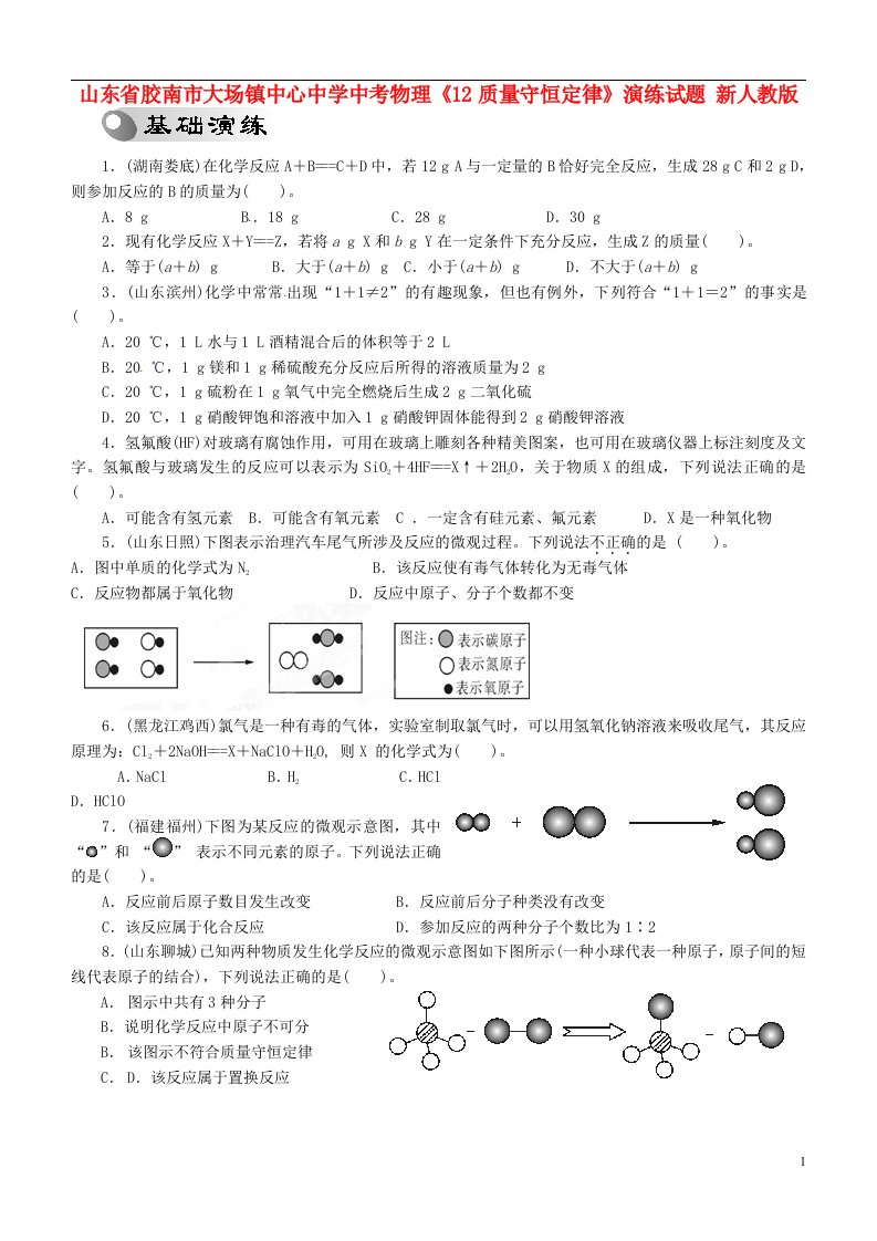 山东省胶南市大场镇中心中学中考物理《12质量守恒定律》演练试题