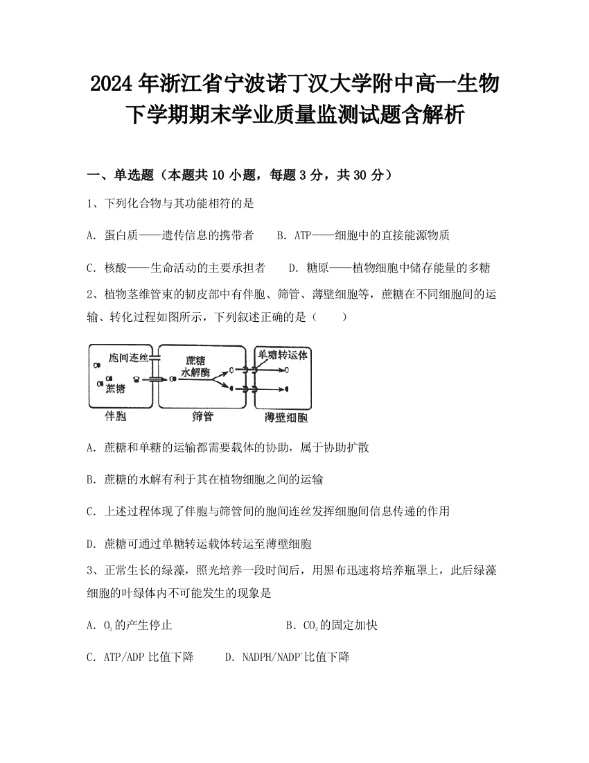 2024年浙江省宁波诺丁汉大学附中高一生物下学期期末学业质量监测试题含解析