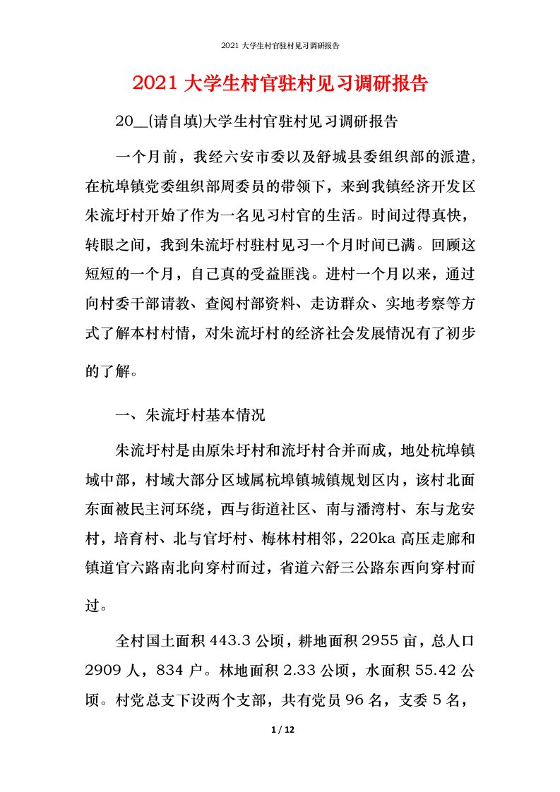 2021大学生村官驻村见习调研报告