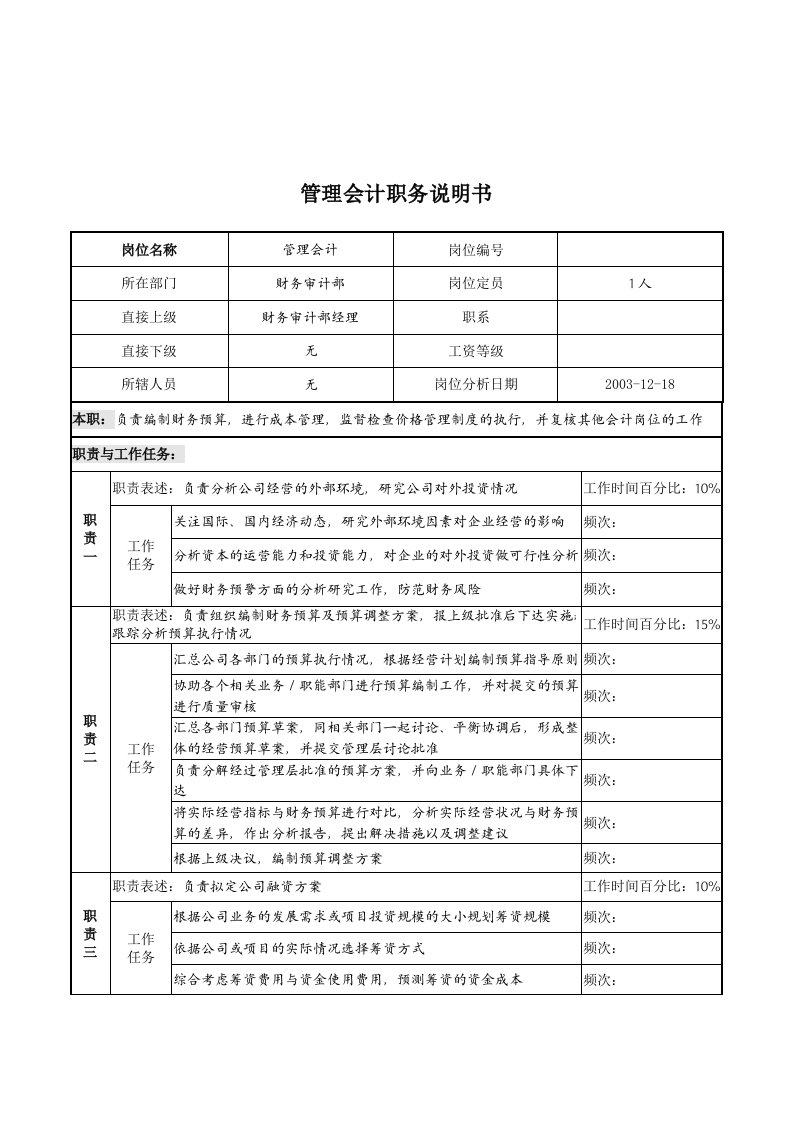 财务审计部管理会计职务说明书