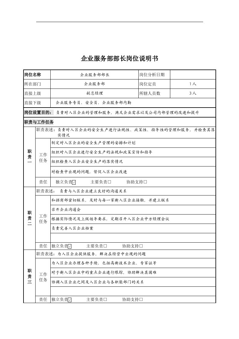 精选企业服务部部长岗位说明书