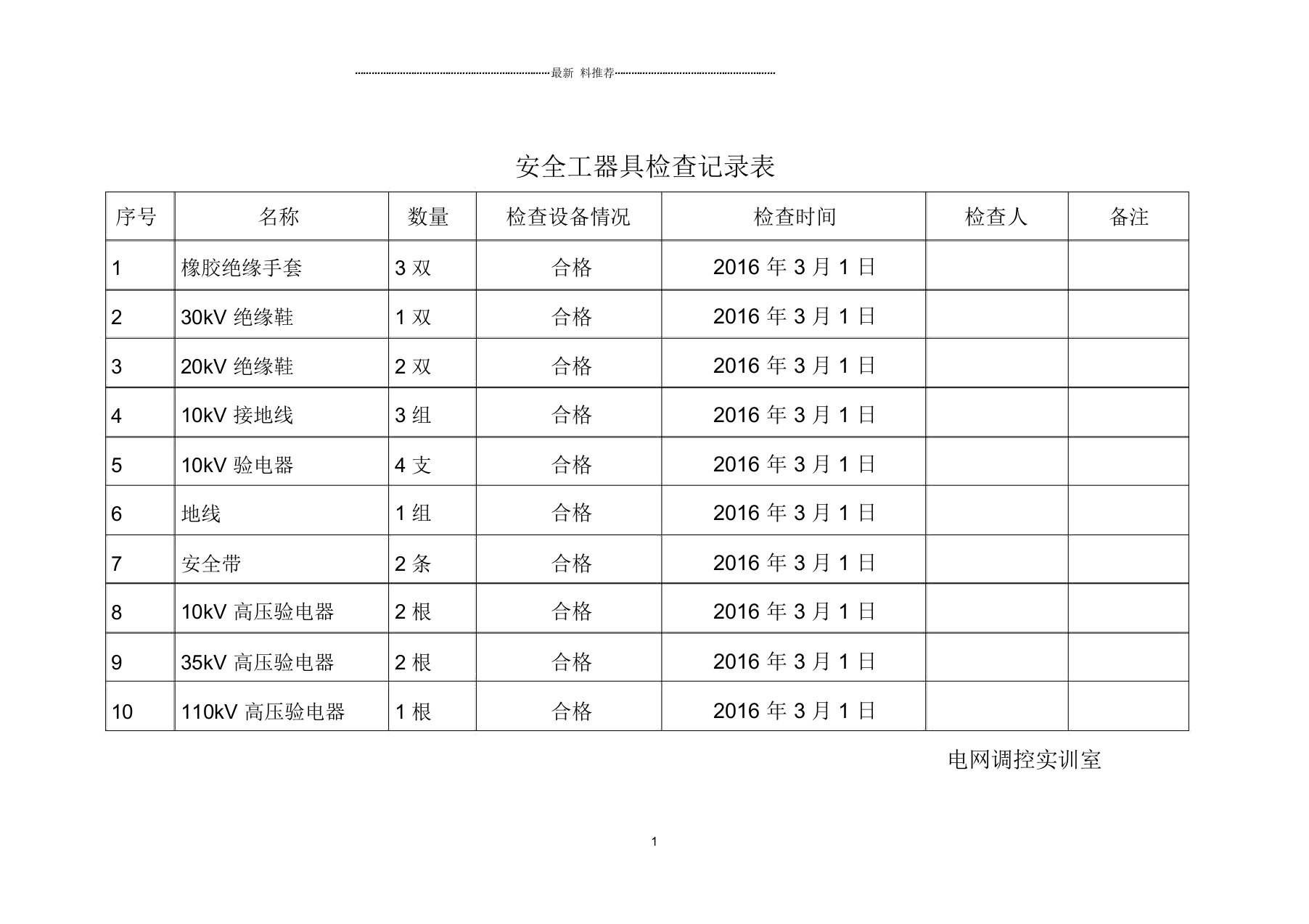 安全工器具检查记录