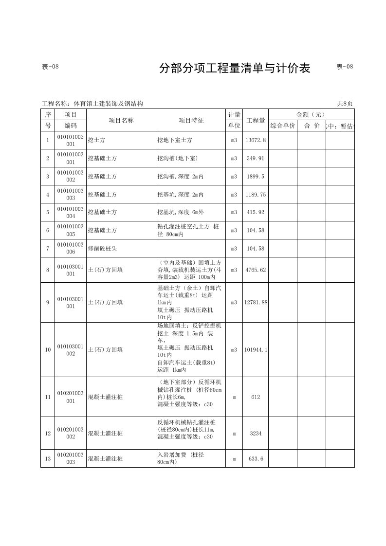 体育馆土建装饰及钢结构工程量清单