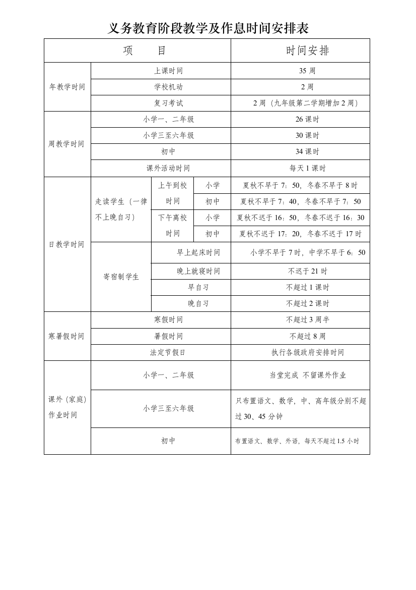 义务教育阶段教学及作息时间安排表