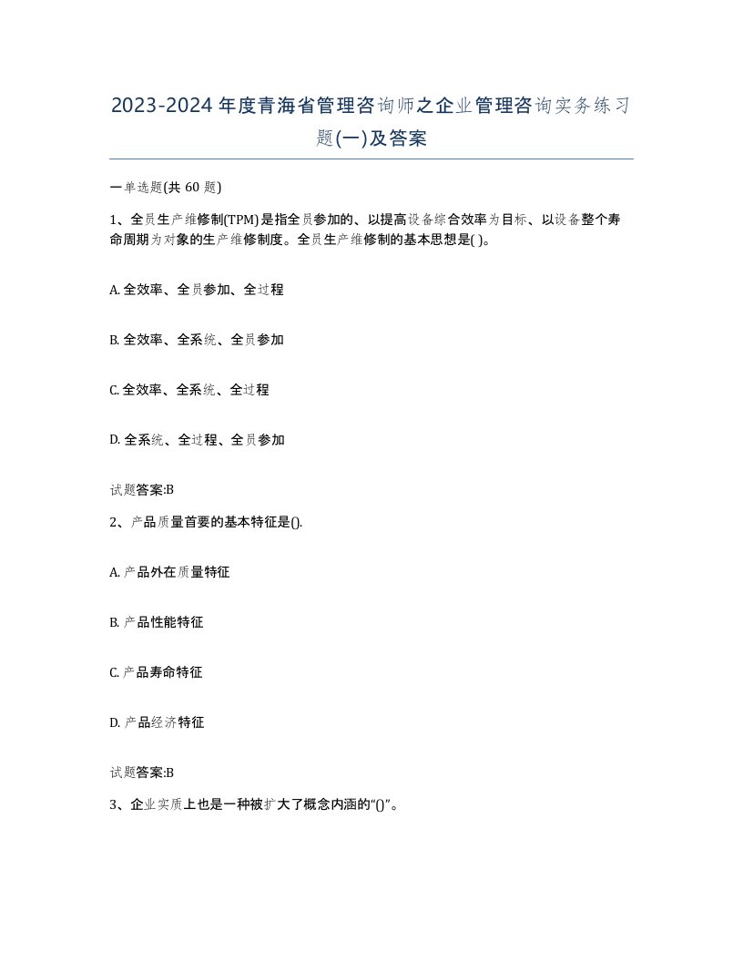 2023-2024年度青海省管理咨询师之企业管理咨询实务练习题一及答案