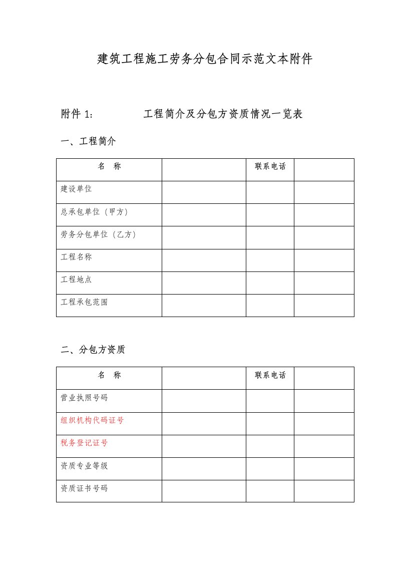 建筑工程施工劳务分包合同示范文本