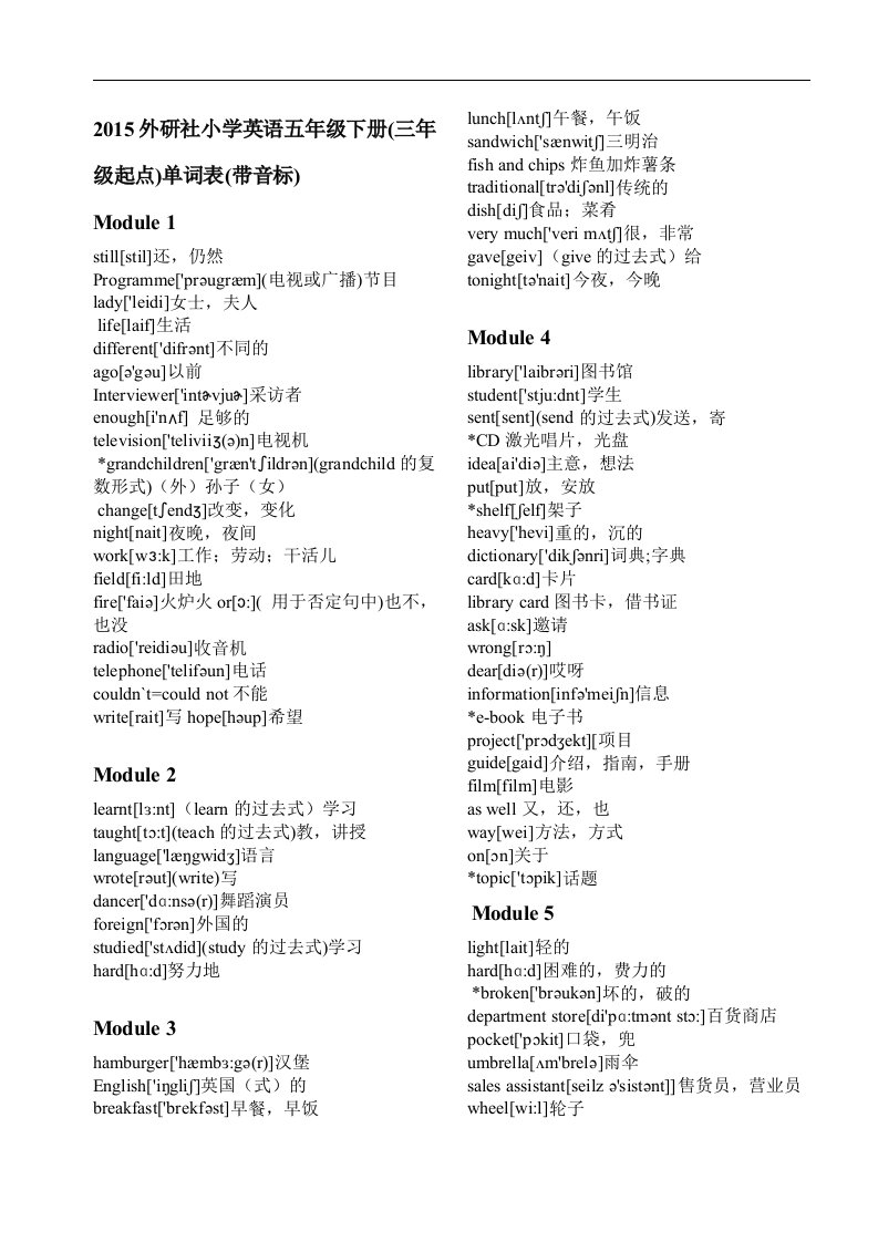 2015外研社小学英语五年级下册(带音标)