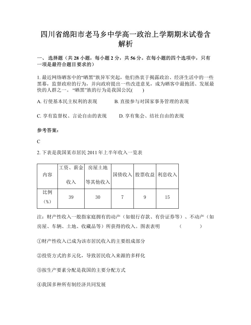 四川省绵阳市老马乡中学高一政治上学期期末试卷含解析