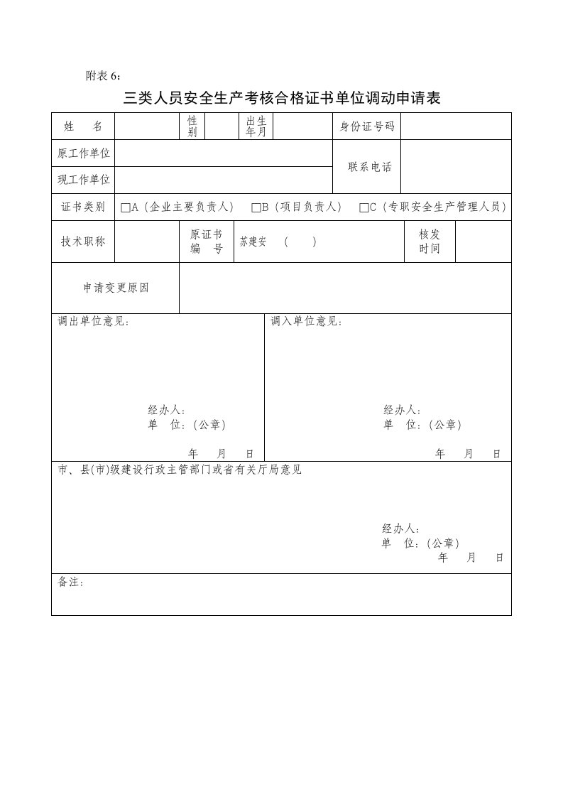 三类人员安全生产考核合格证书单位调动申请表(2)