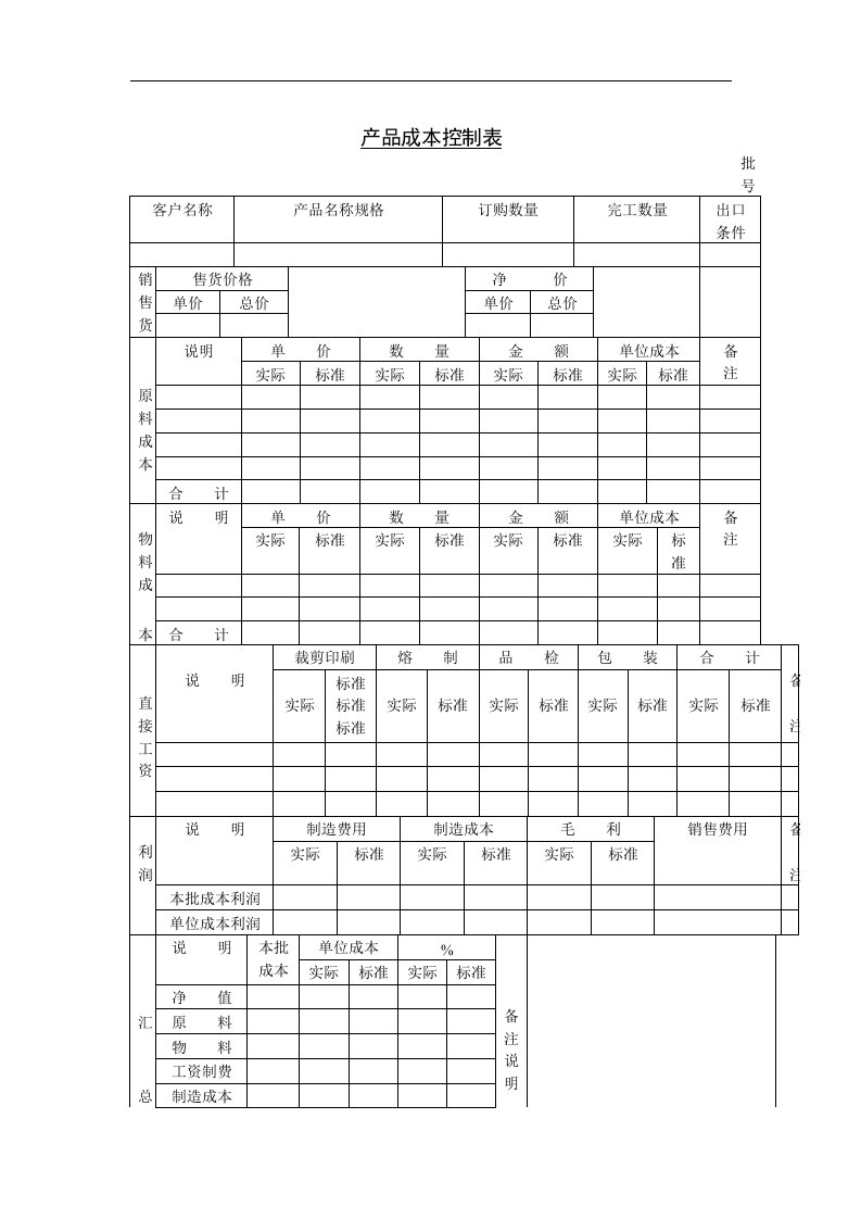 【管理精品】三、产品成本控制表