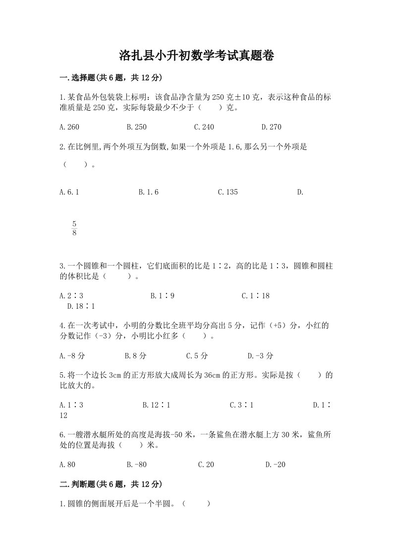 洛扎县小升初数学考试真题卷新版