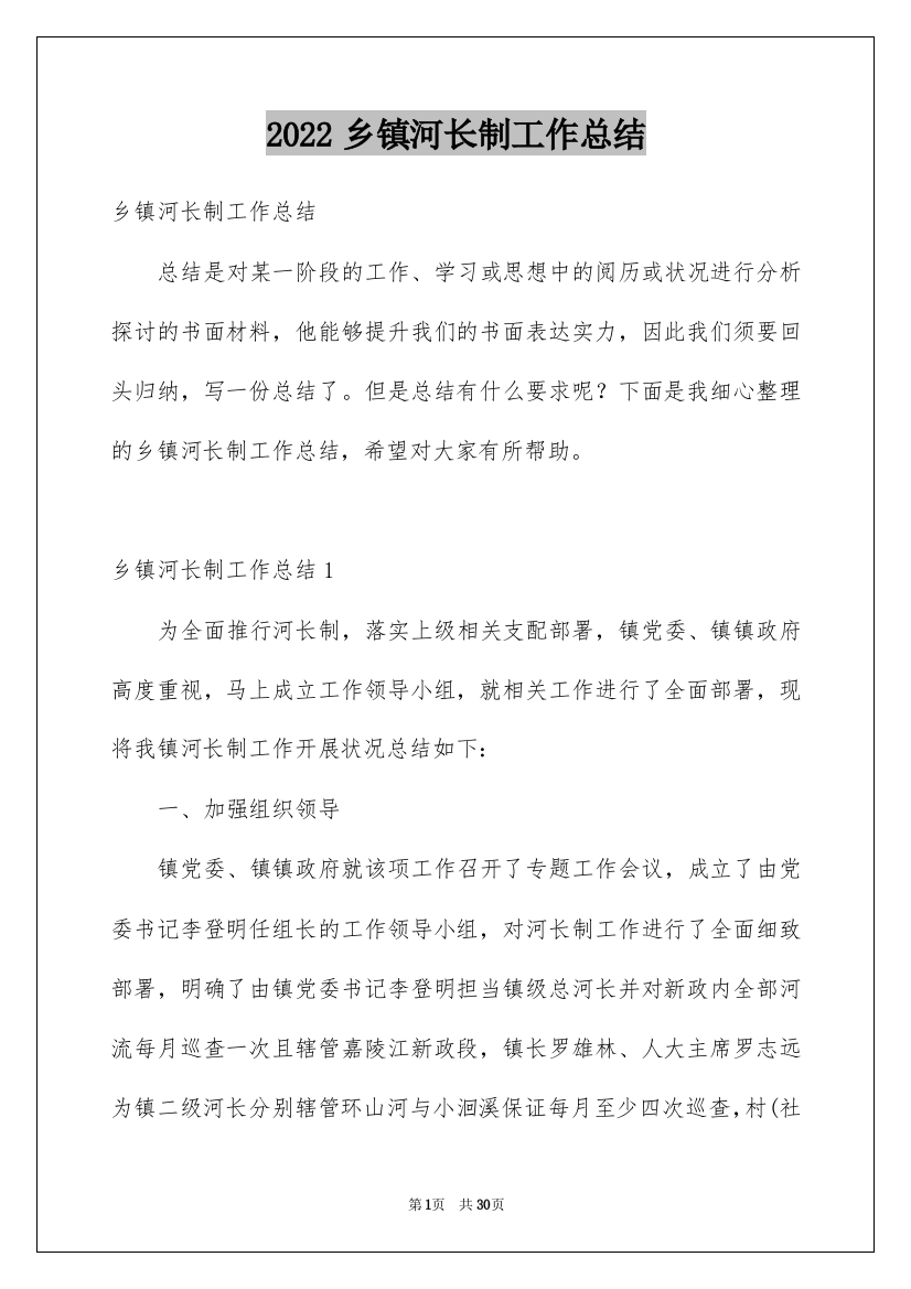 2022乡镇河长制工作总结_1