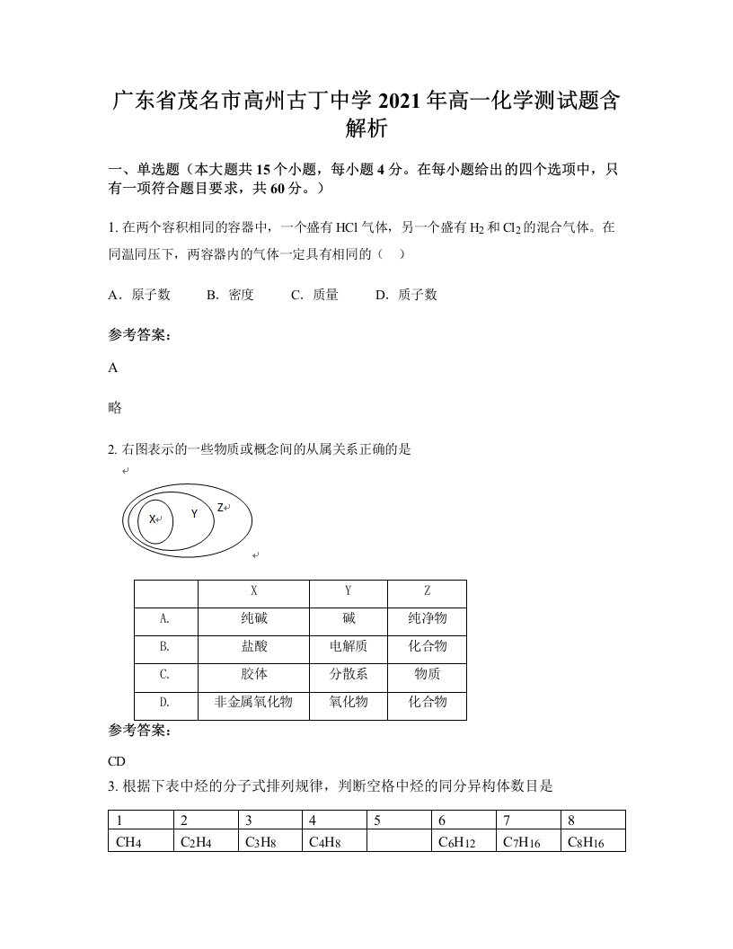 广东省茂名市高州古丁中学2021年高一化学测试题含解析