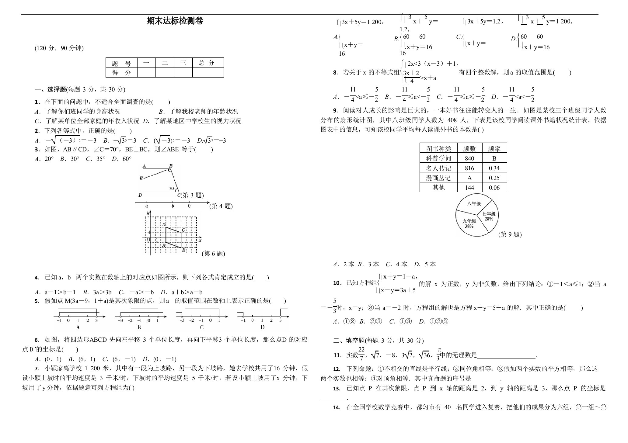 人教部编七年级数学下册期末测试卷及答案