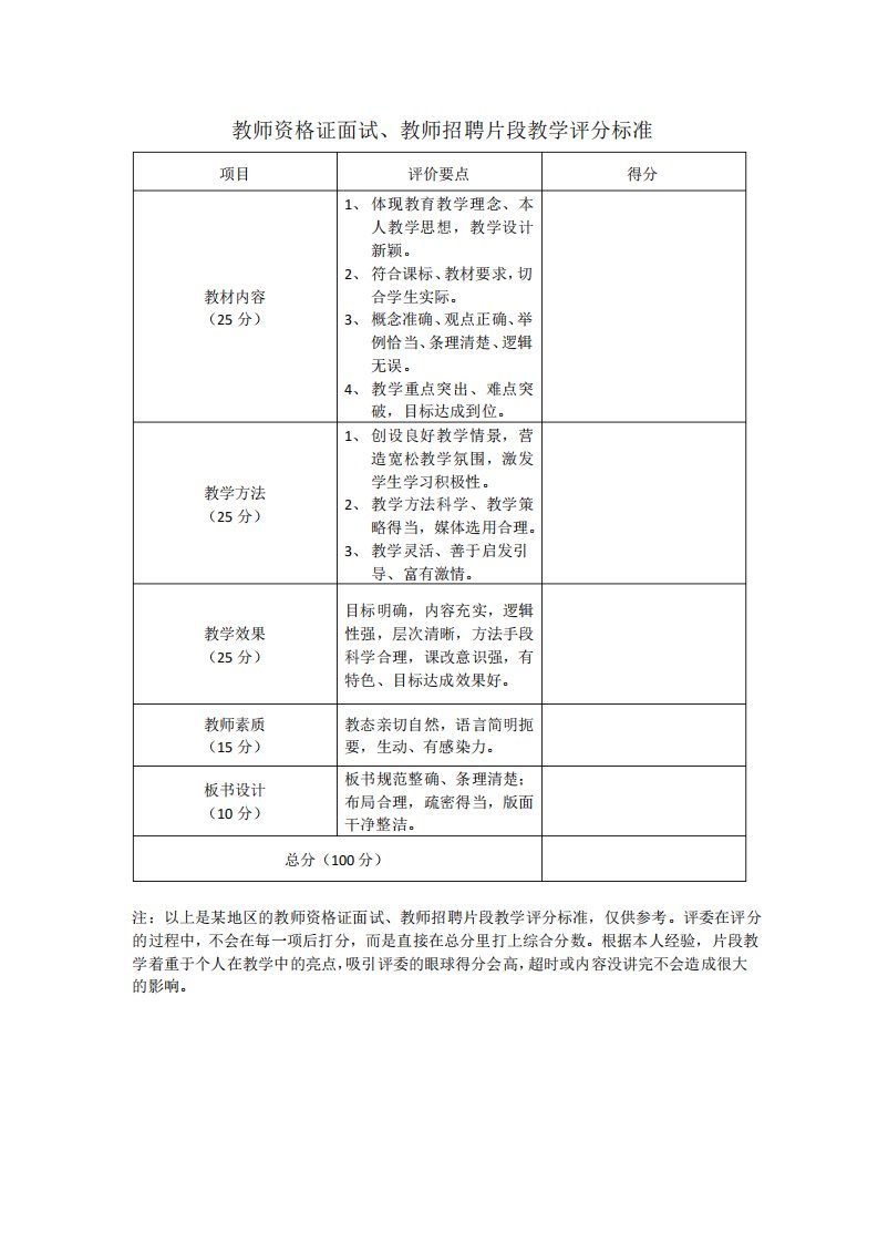 教师资格证面试教师招聘片段教学评分标准