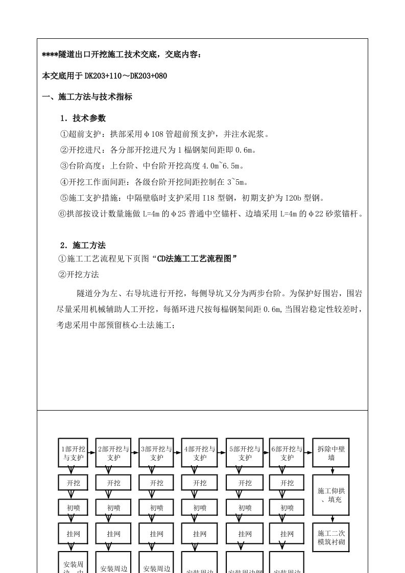 高铁客运专线隧道CD法开挖施工技术交底