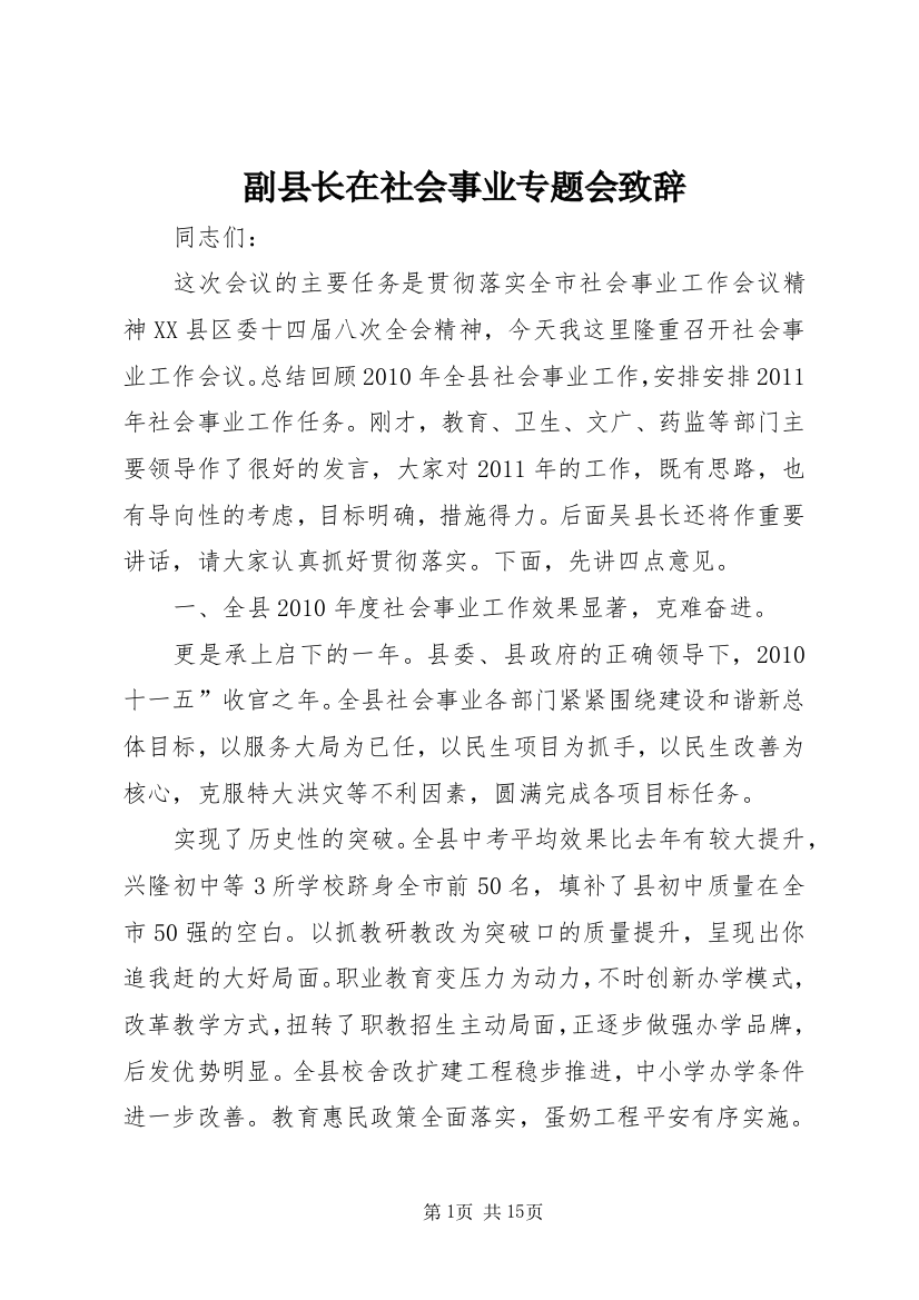 副县长在社会事业专题会致辞