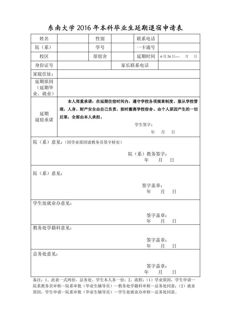 东南大学2016年本科毕业生延期退宿申请表