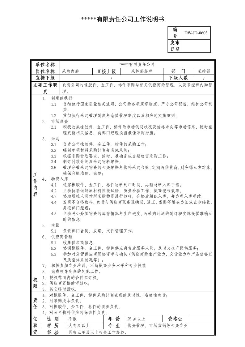 KPI绩效指标-某中型制造业采购内勤岗位说明书及KPI指标