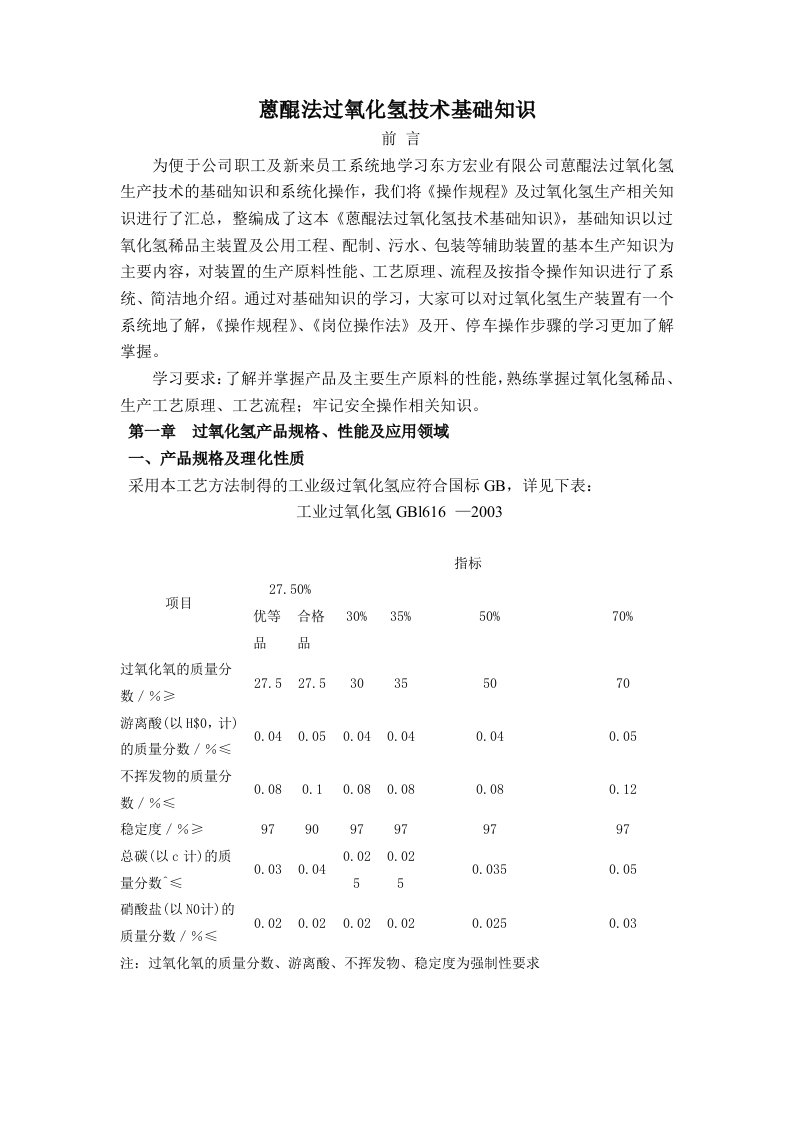 蒽醌法过氧化氢技术基础知识