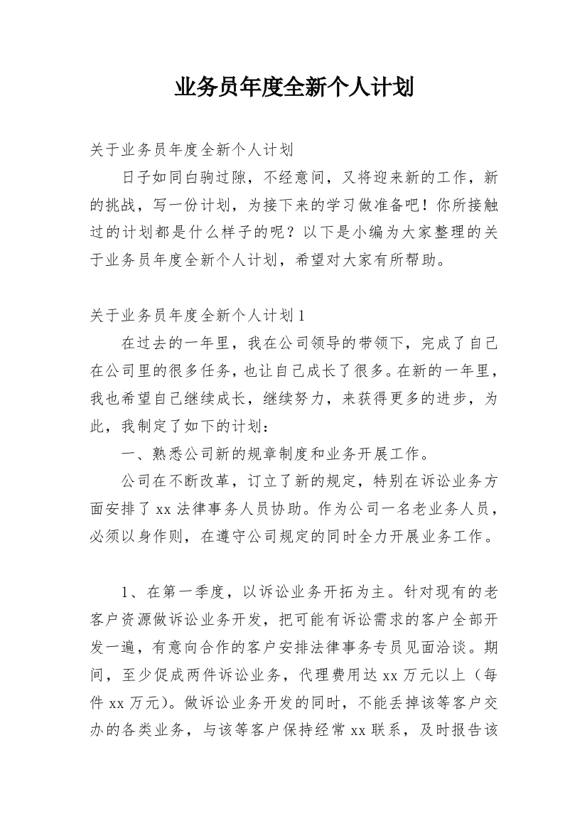 业务员年度全新个人计划