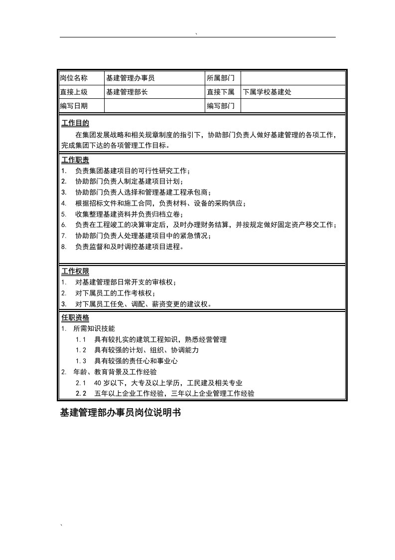 集团基建管理部办事员岗位说明书