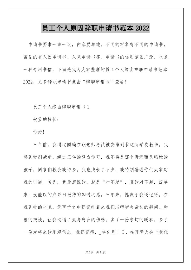 员工个人原因辞职申请书范本2022