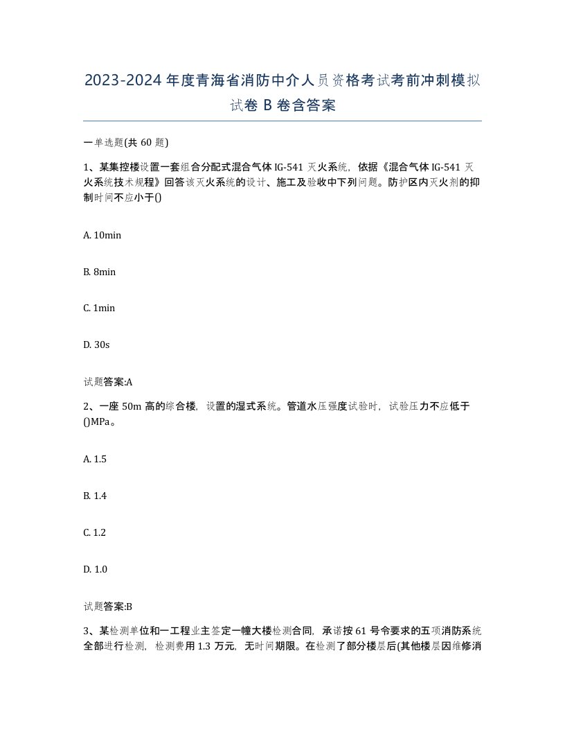 2023-2024年度青海省消防中介人员资格考试考前冲刺模拟试卷B卷含答案