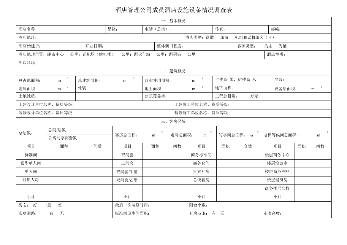 酒店管理表格--酒店设备设施规划情况调查表(叶予舜)