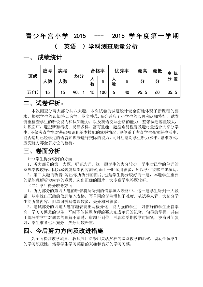 青少年宫小学英语学科质量分析201511