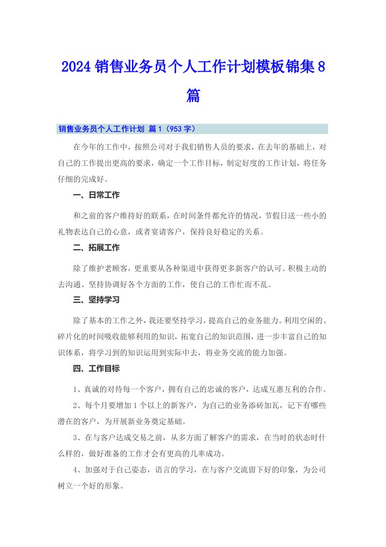 2024销售业务员个人工作计划模板锦集8篇