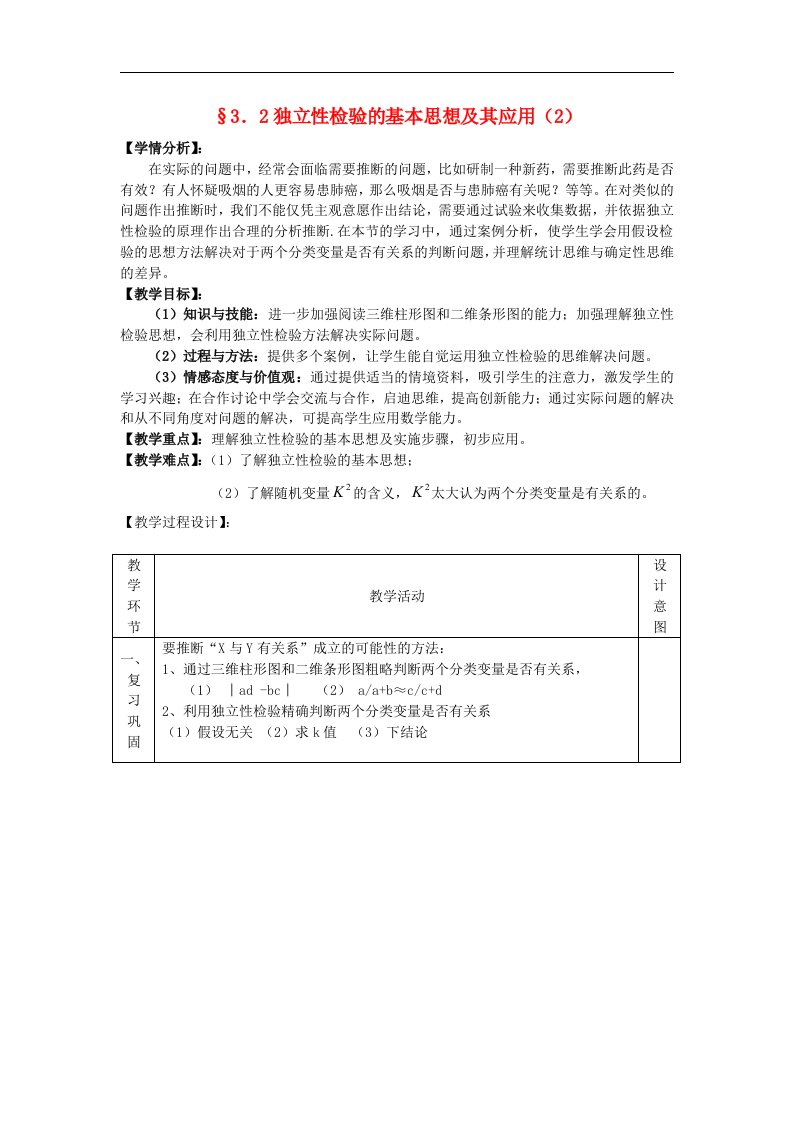 高中数学人教A版选修（2-3）3.2《独立性检验的基本思想及其应用》（第2课时）