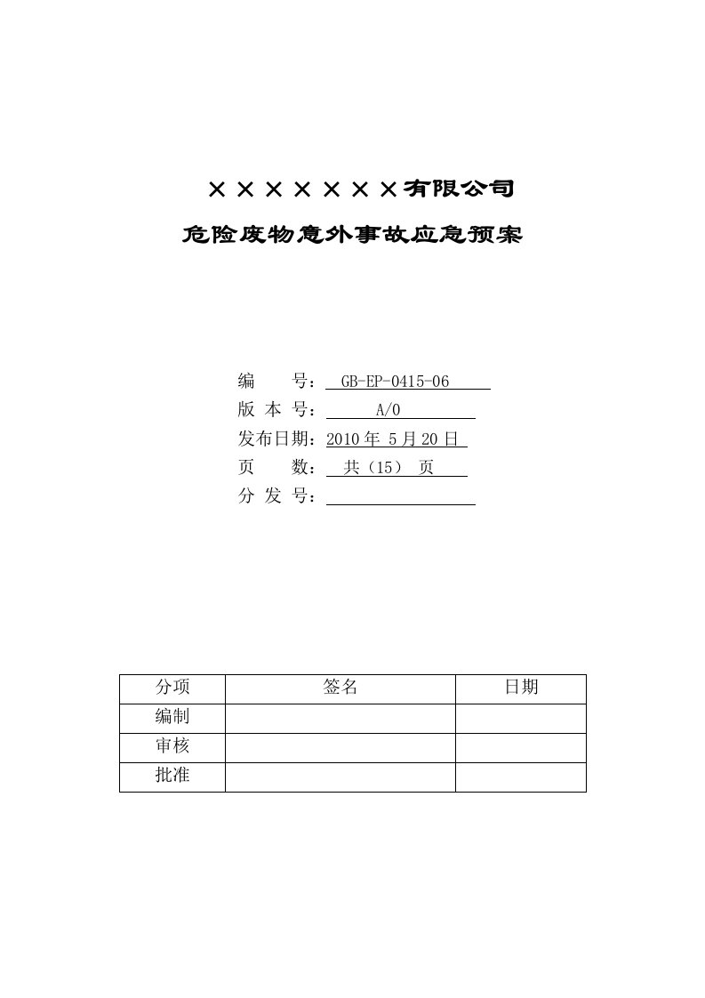 危险废物应急预案(样本)