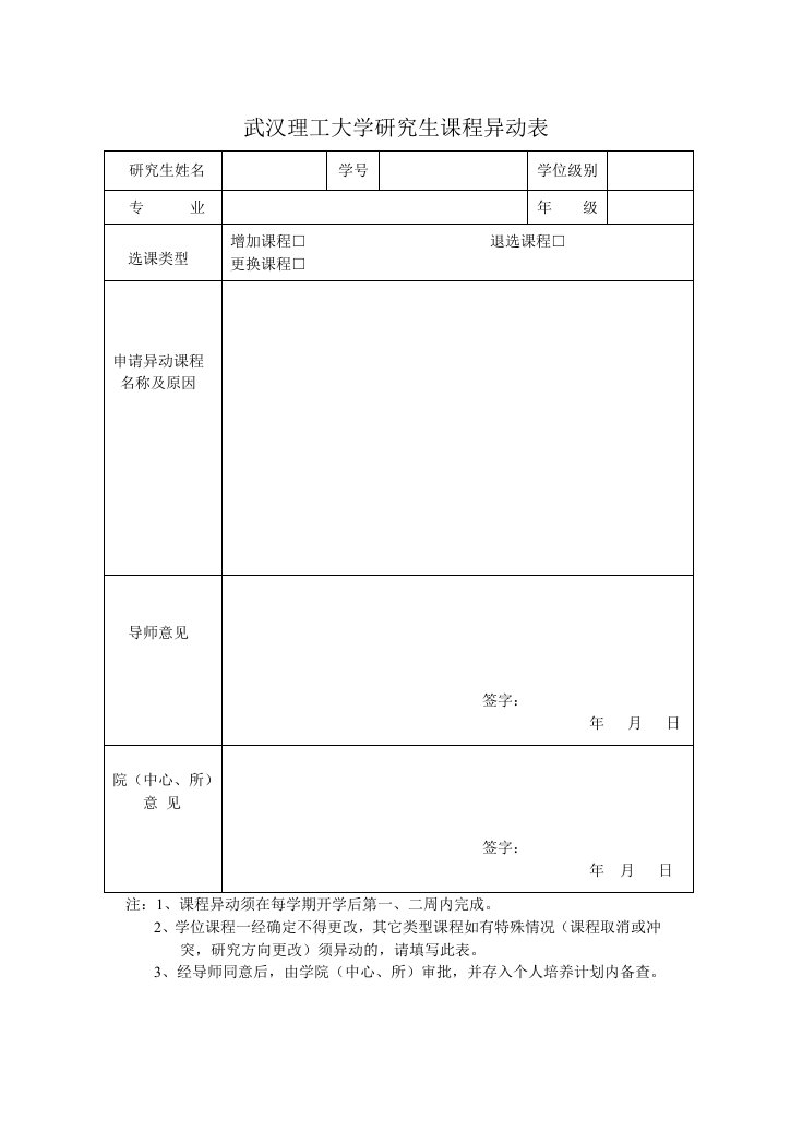 武汉理工大学研究生课程异动表