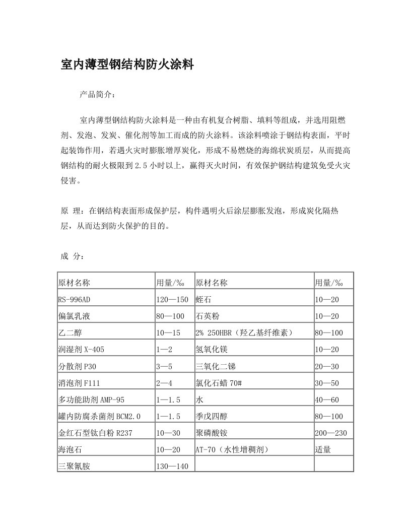 室内薄型钢结构防火涂料