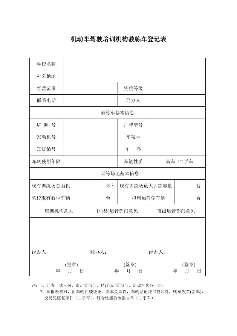 机动车驾驶培训机构教练车登记表