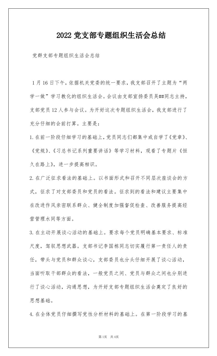 2022党支部专题组织生活会总结