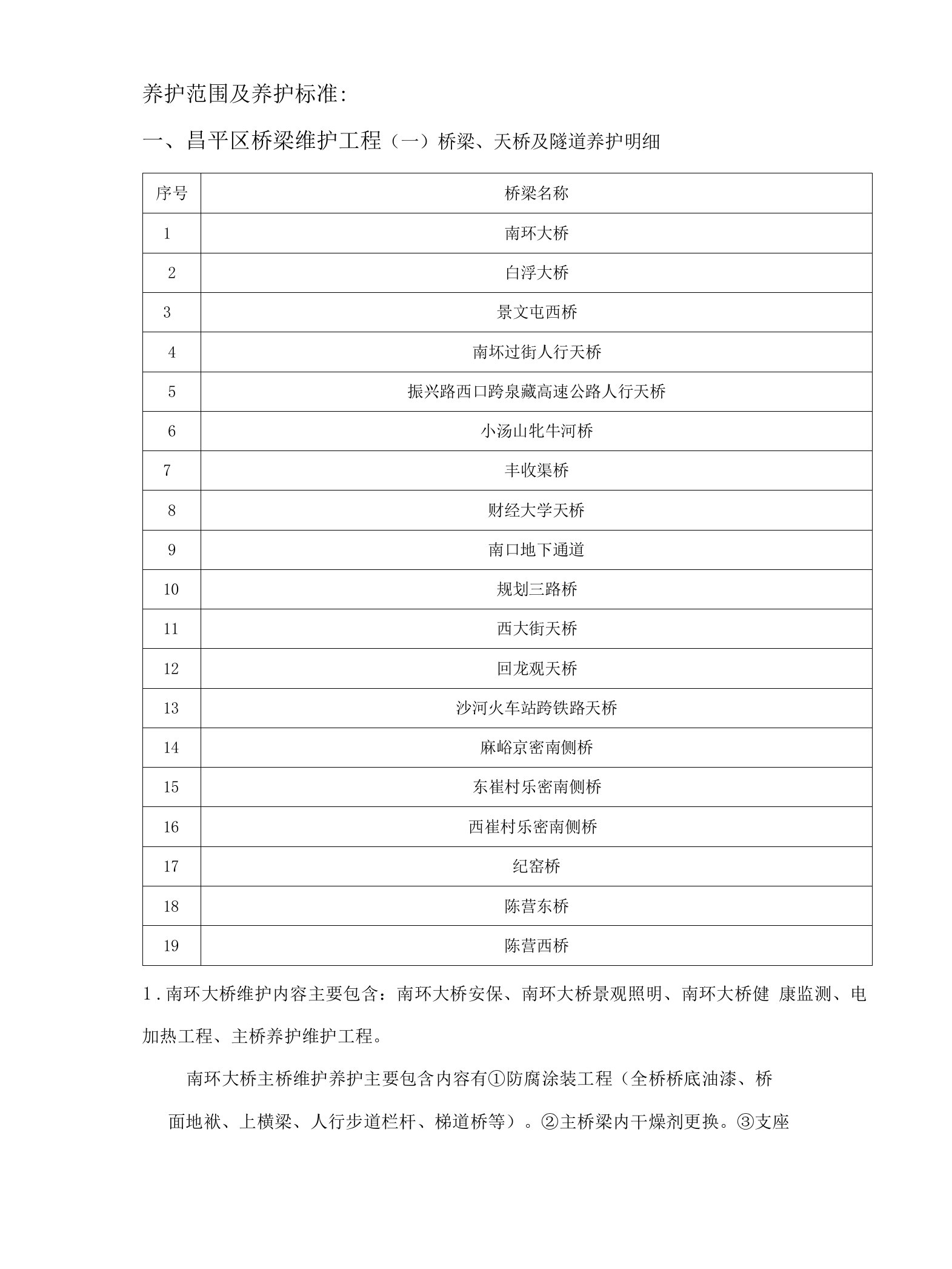 养护范围及养护标准昌平区桥梁维护工程一桥梁、天桥及隧道养护明细