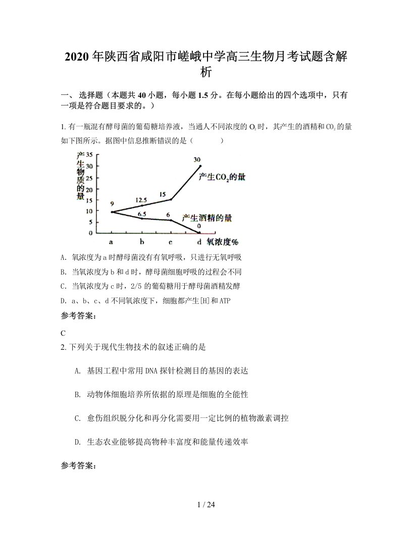 2020年陕西省咸阳市嵯峨中学高三生物月考试题含解析