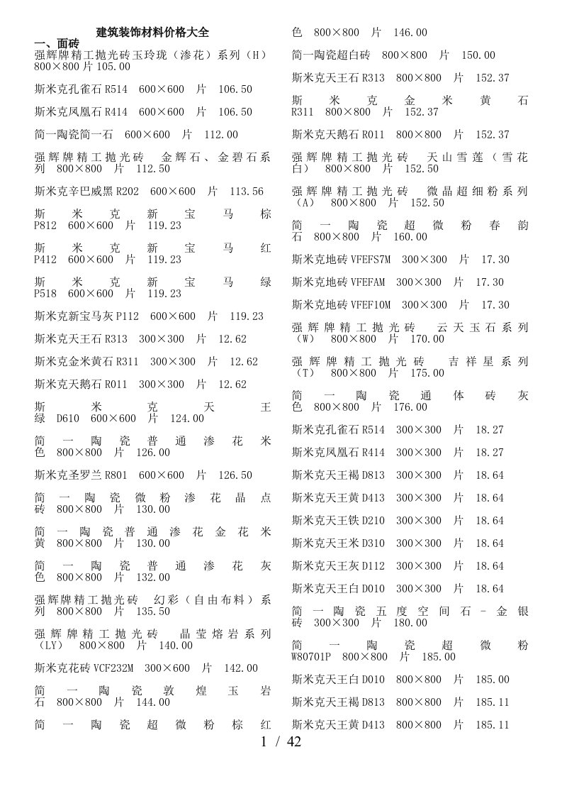 建筑装饰材料价格大全