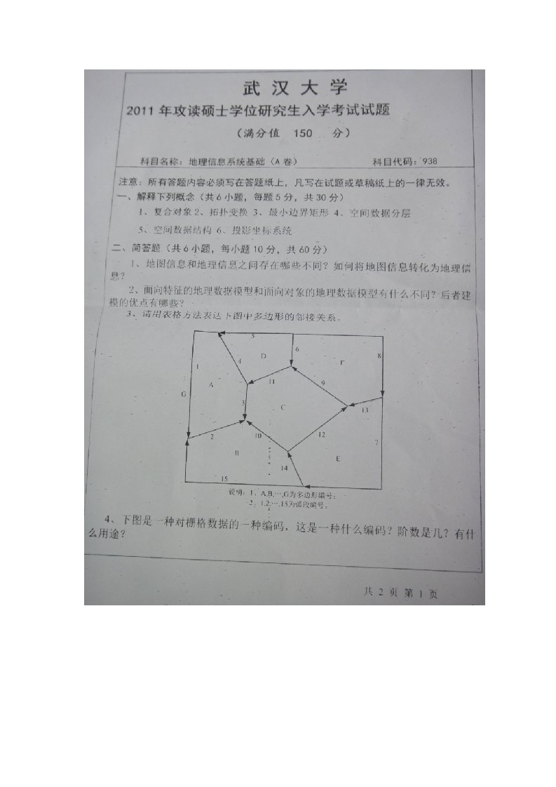 武大真题9811地图学与地理信息系统专业的考研真题